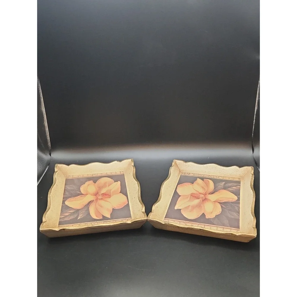 2 VTG Sezzatini Firenze Italian Florentine Gold Wood Magnolia Trinket Trays 7